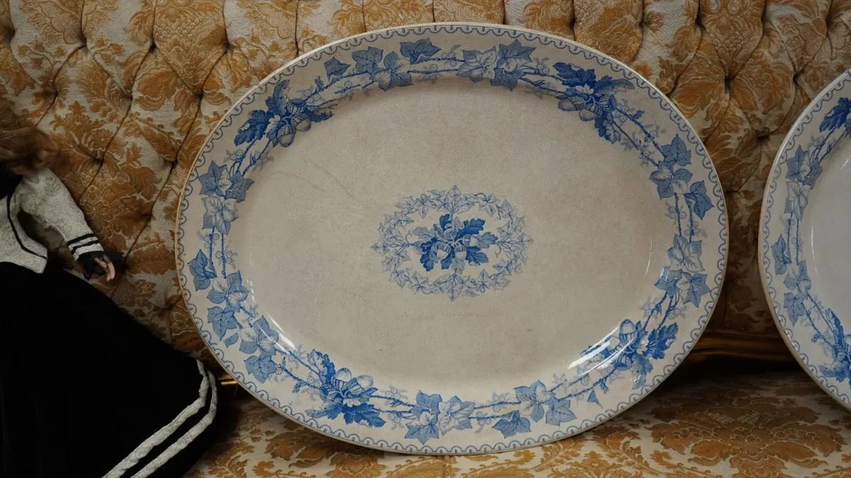 Pair of Antique Blue & White Acorn Platters - Image 2