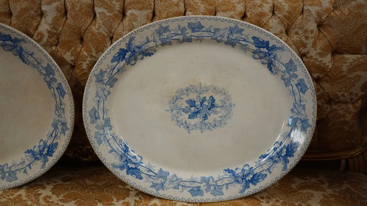 Pair of Antique Blue & White Acorn Platters - Image 3
