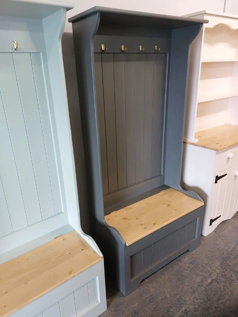 Coat hanging storage benches, pine workshop - Image 1