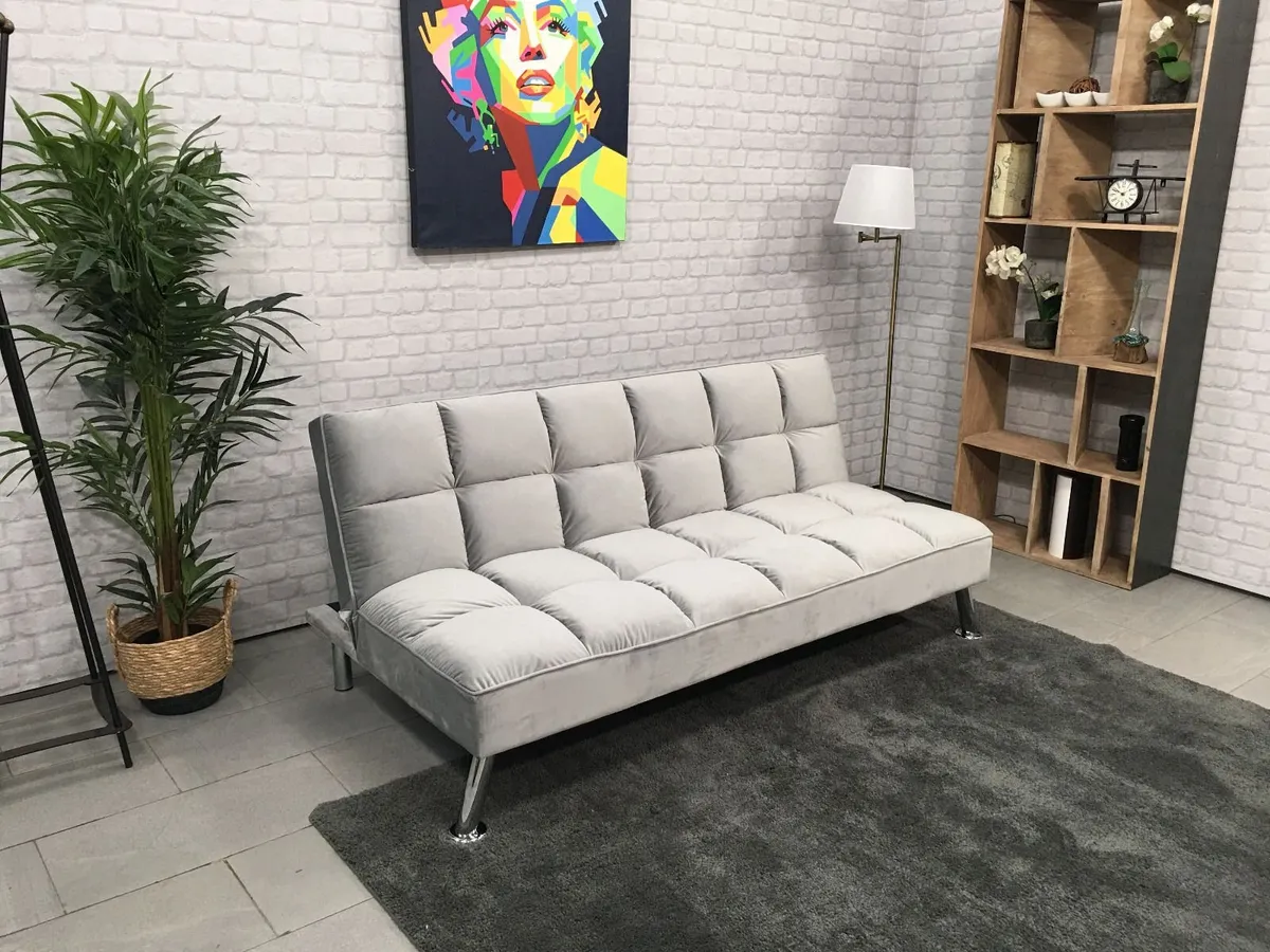 Grey Velvet 3Seater Sofa Bed - Free Delivery - Image 1