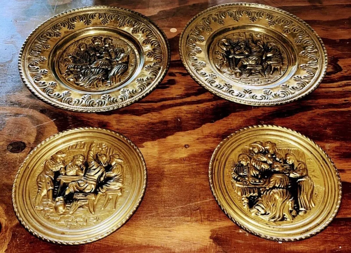 1960s brass embossed wall plates - Image 1
