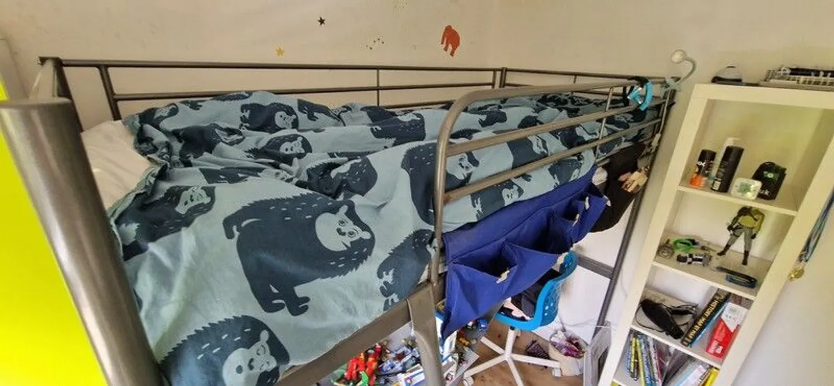 Metal framed loft bed with desk for sale. - Image 2