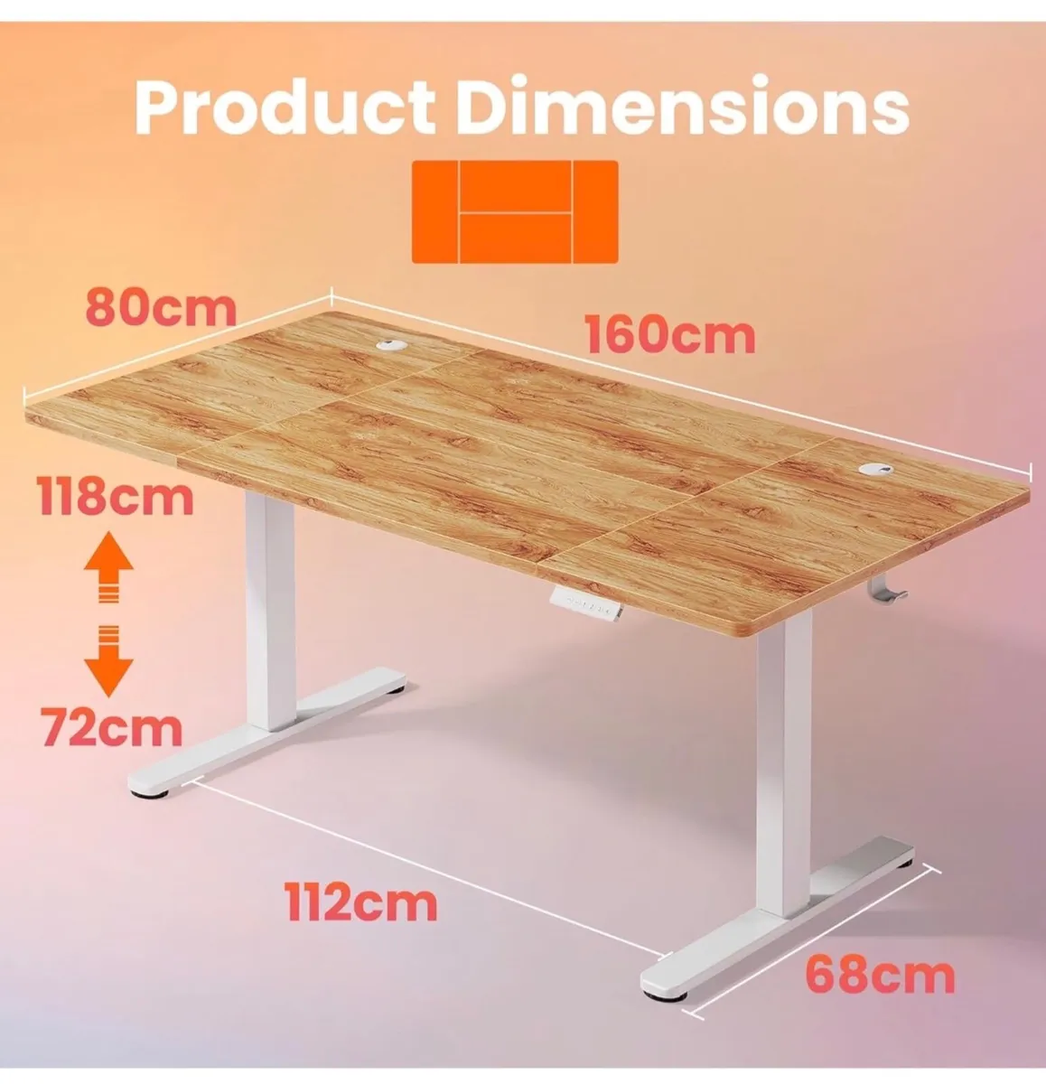 Standing Desk with USB Charging Port, 160 x 80 cm, - Image 3