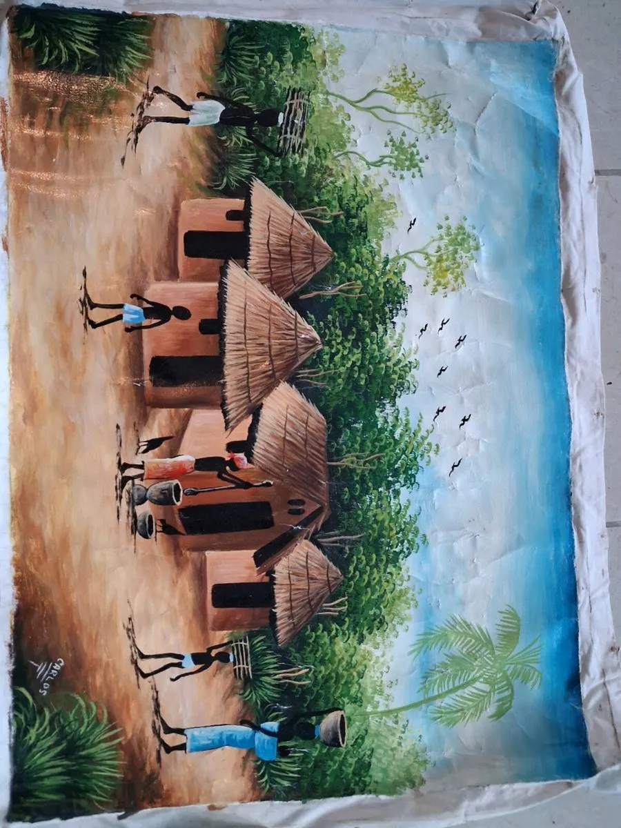 Liberia - African village painting, Signed - Image 4