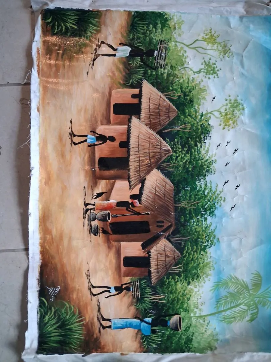 Liberia - African village painting, Signed - Image 1