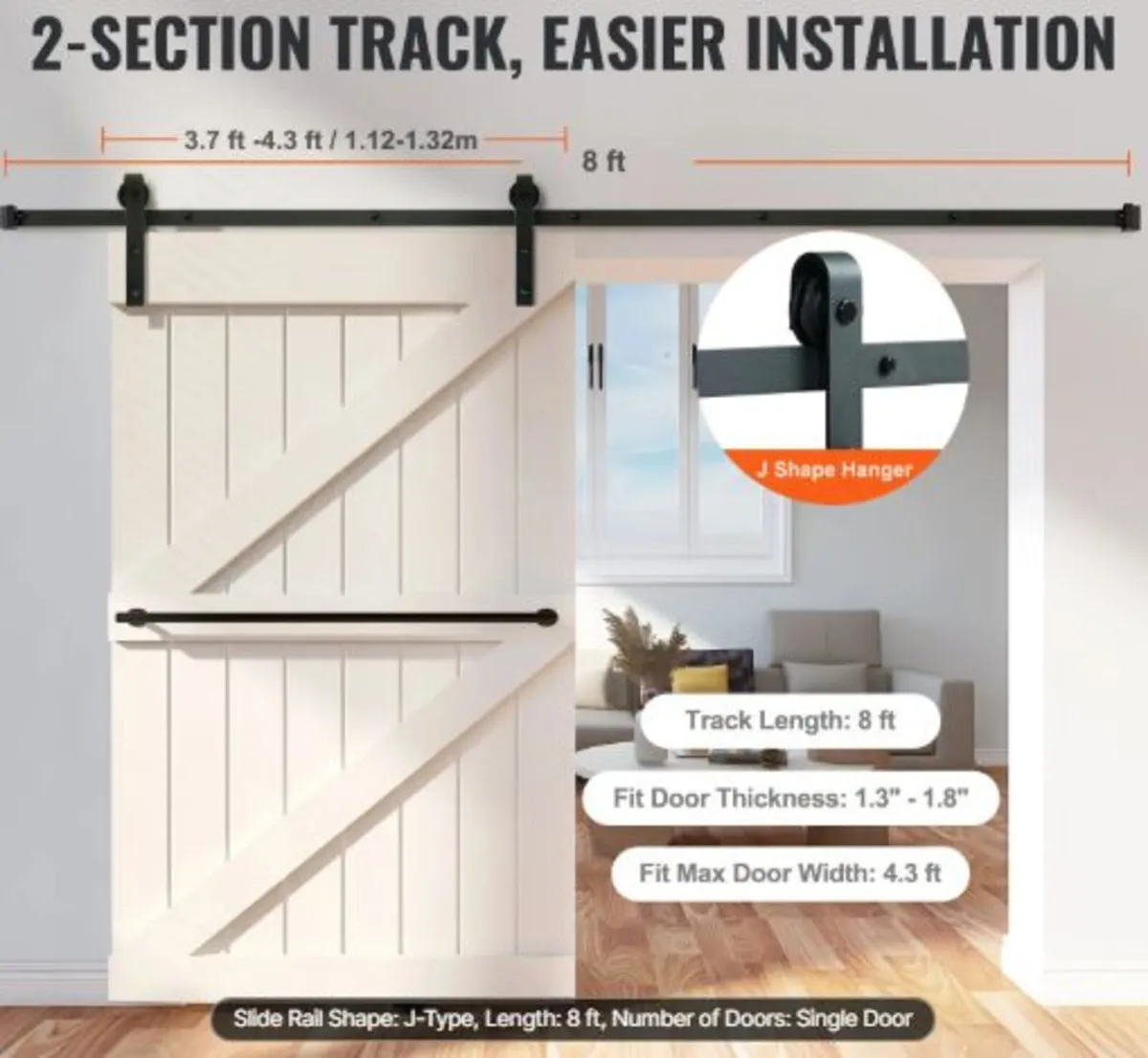 8FT Sliding Barn Door Hardware Kit, 149.7 kg Load - Image 4
