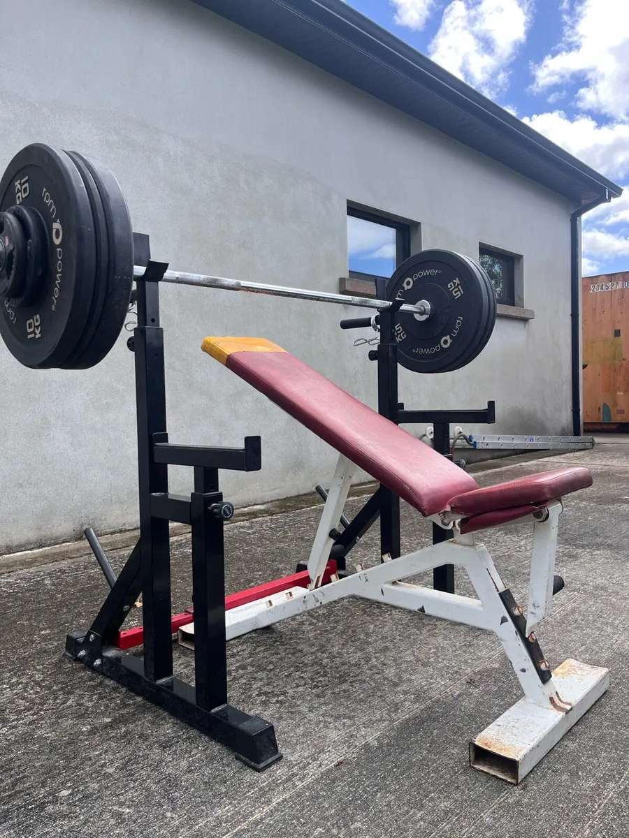 Gym equipment (squat rack/bench/barbell + weights) - Image 1
