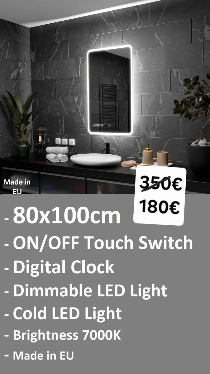 LED Bathroom Mirror Made in EU 80x100cm Clock - Image 2