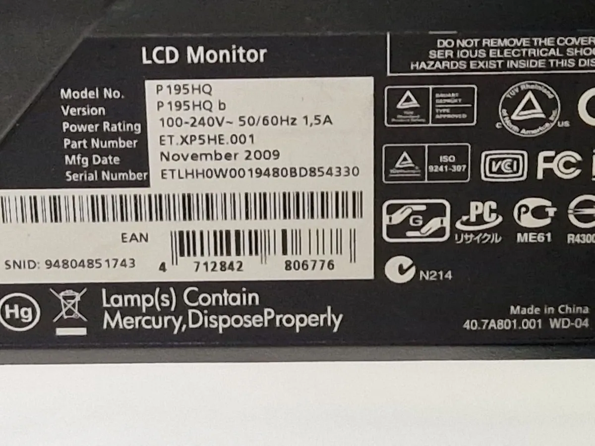ACER LCD Monitor, Model P195HQ - Image 3
