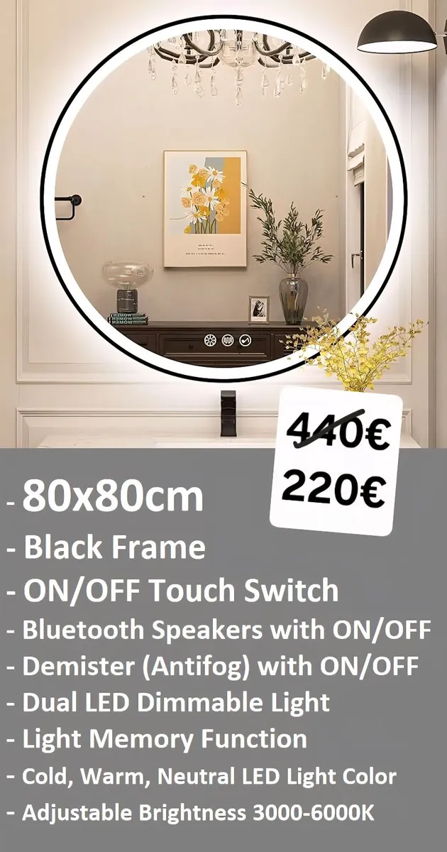 LED Bathroom Mirror Black Frame Speakers Antifog - Image 1