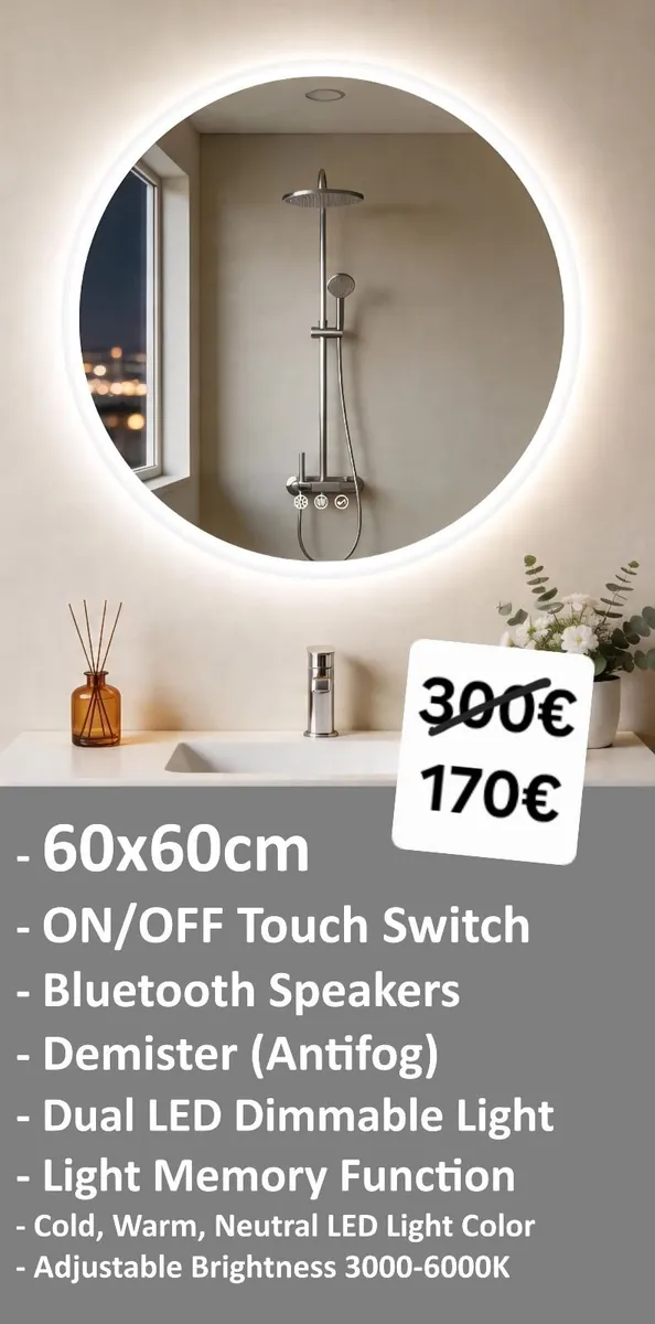 LED Bathroom Mirror Speakers Antifog Fog Free - Image 1