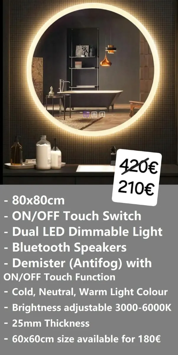 LED Bathroom Mirror 80cm Round Bluetooth Fog free - Image 1