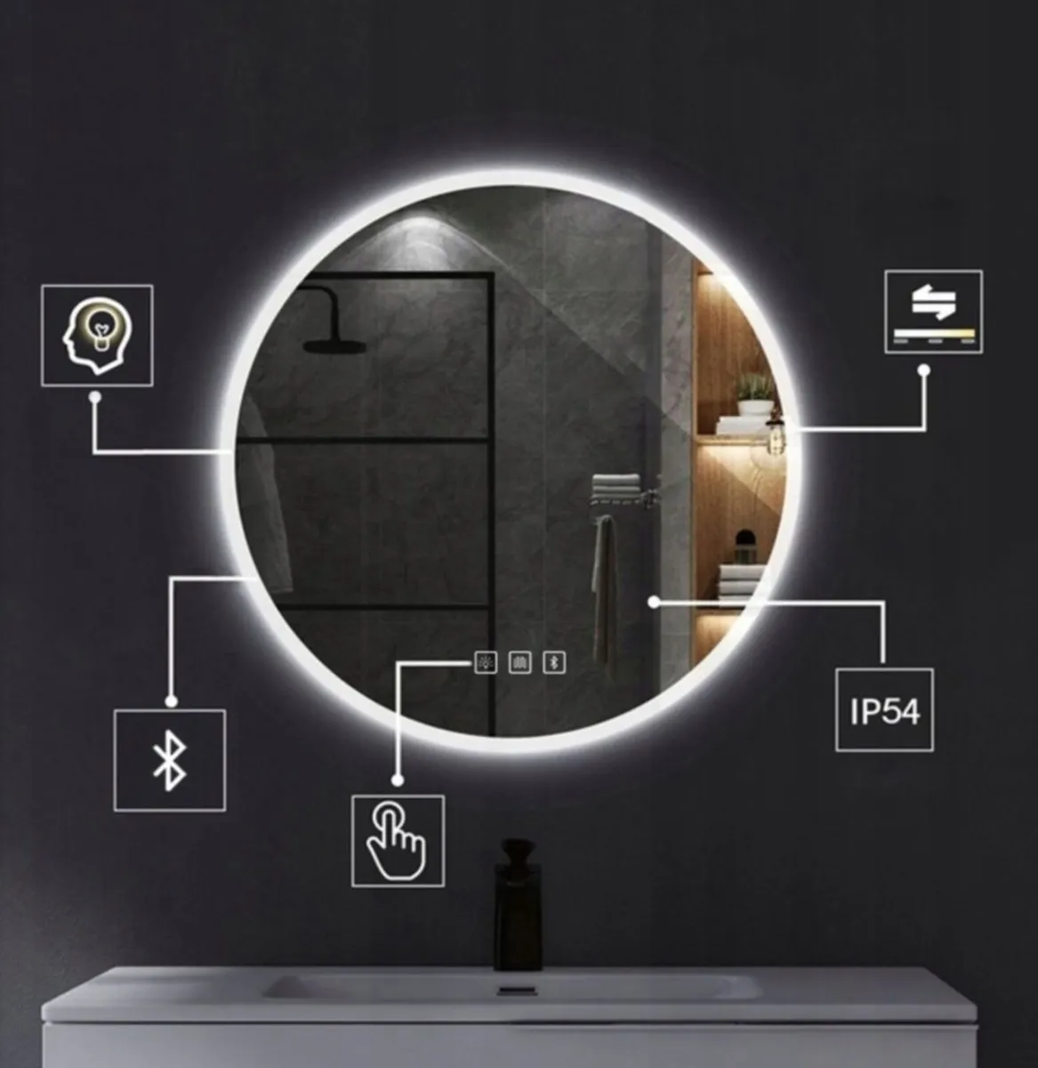 LED Bathroom Mirror 80cm Round Bluetooth Fog free - Image 4