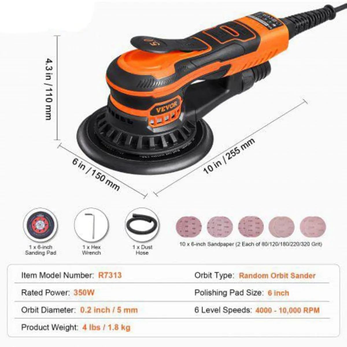 Random Orbital Sander 6-Inch, 350W Brushless Orbit - Image 2