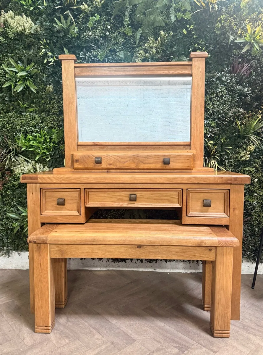 Solid oak vanity set & bench - Image 2