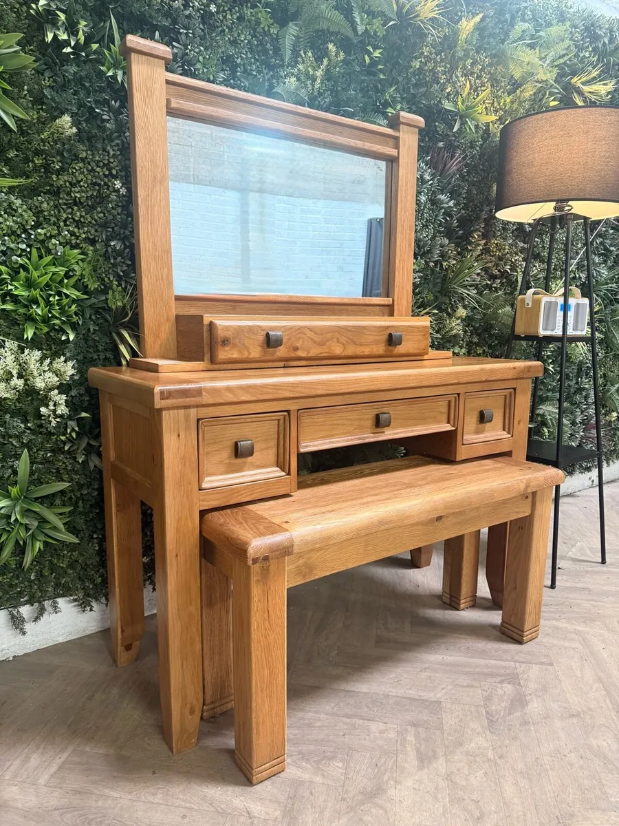 Solid oak vanity set & bench - Image 3