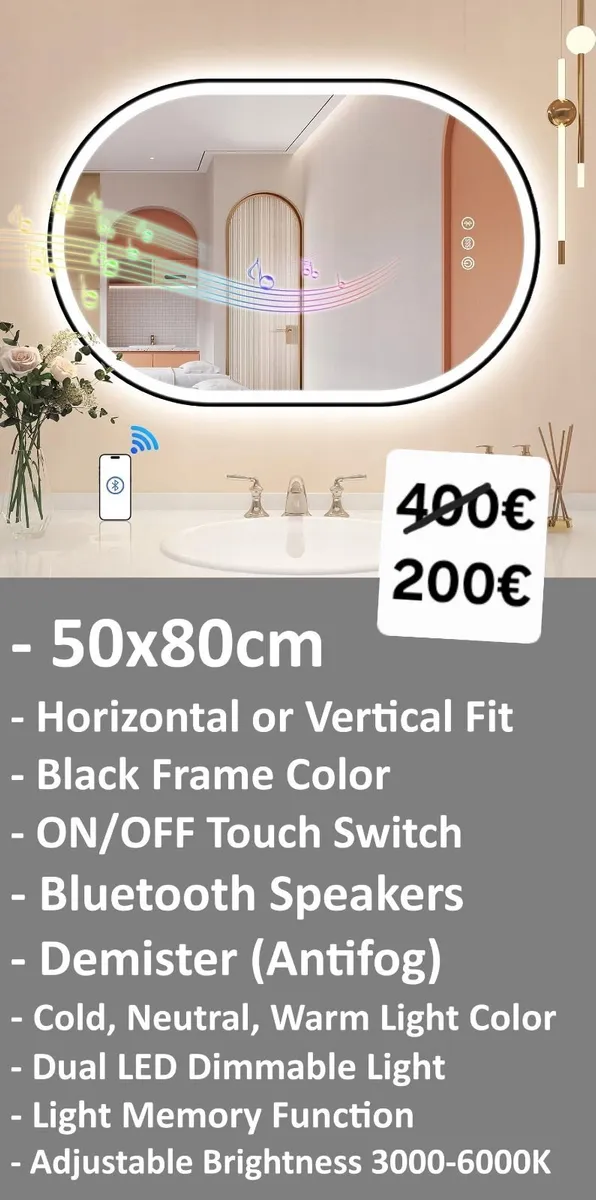 LED Bathroom Mirror 50x80cm Oval Bluetooth Antifog - Image 1