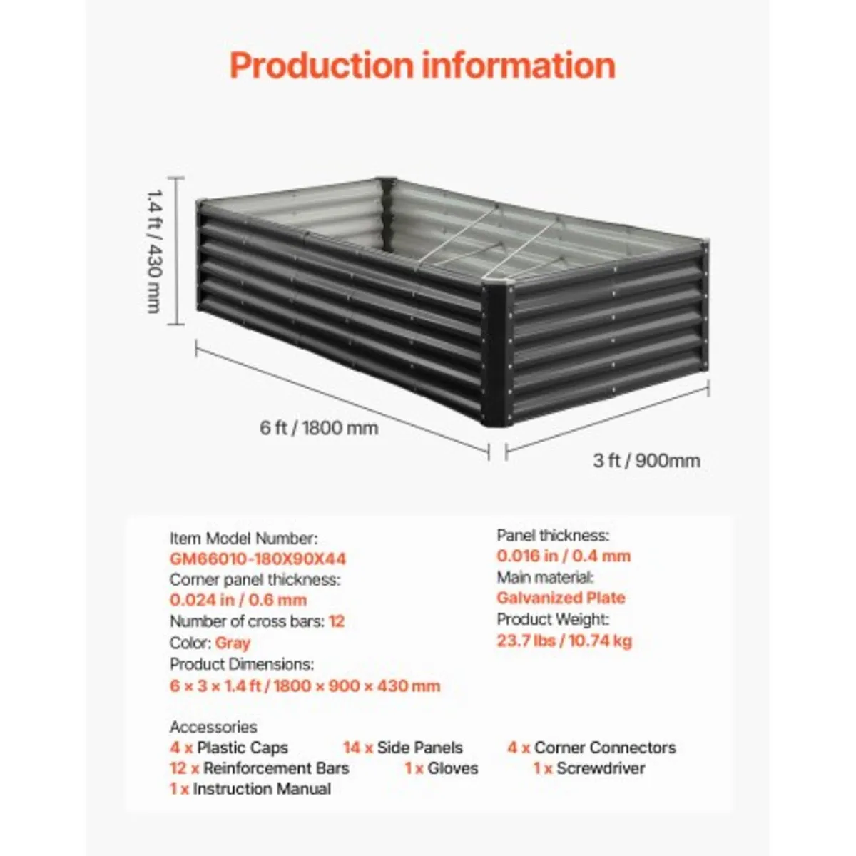 Metal Raised Garden Bed, 1.8 x 0.9 x 0.4 m Outdoor - Image 3