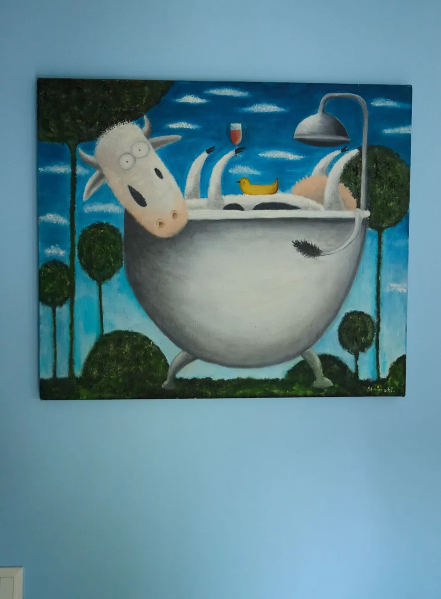 Oil Painting on Canvas – Cow in Bathtub – 70x60 cm - Image 2