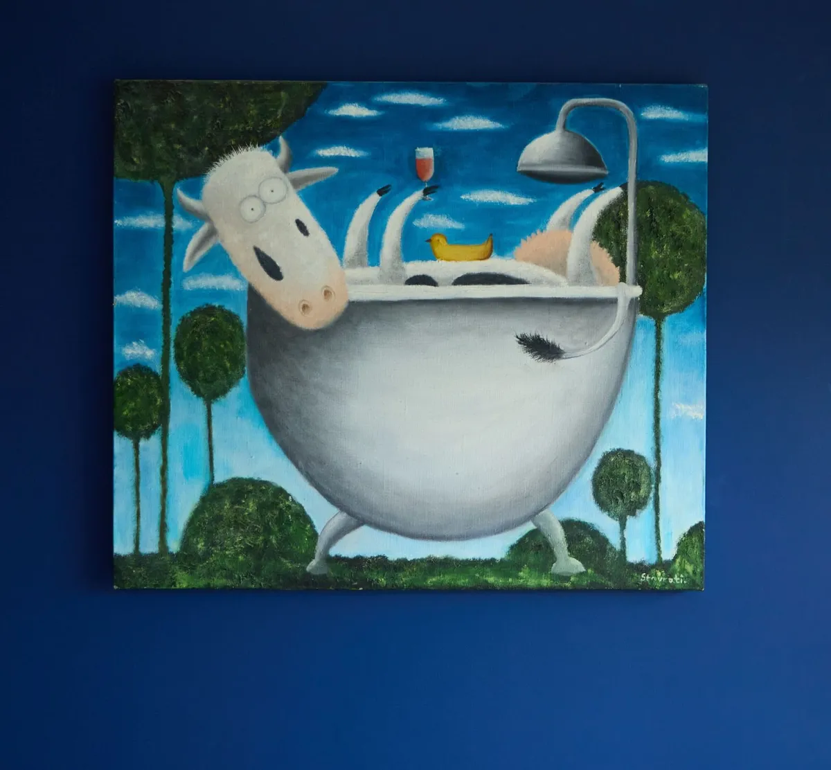 Oil Painting on Canvas – Cow in Bathtub – 70x60 cm - Image 1