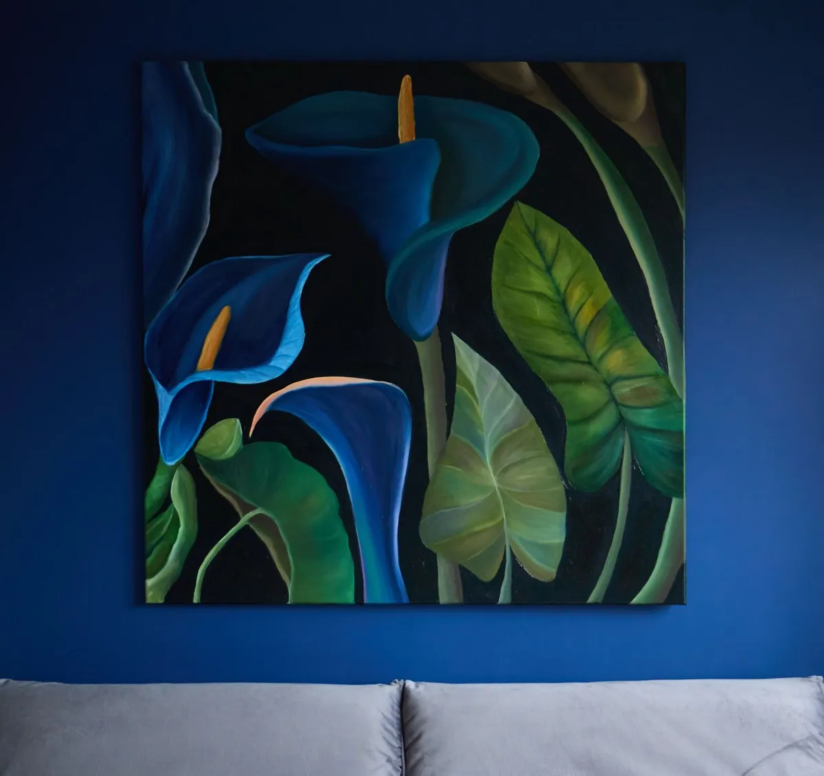Large Original Botanical Oil Painting – Blue Calla - Image 1