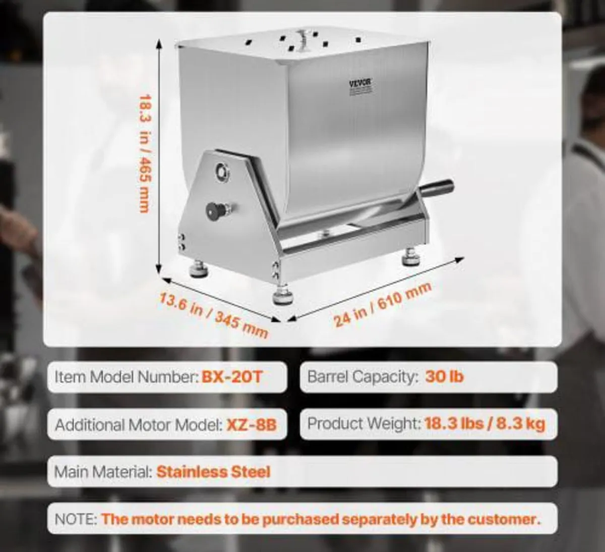 Manual Meat Mixer, 20L Tilt Tank Meat Processing E - Image 2