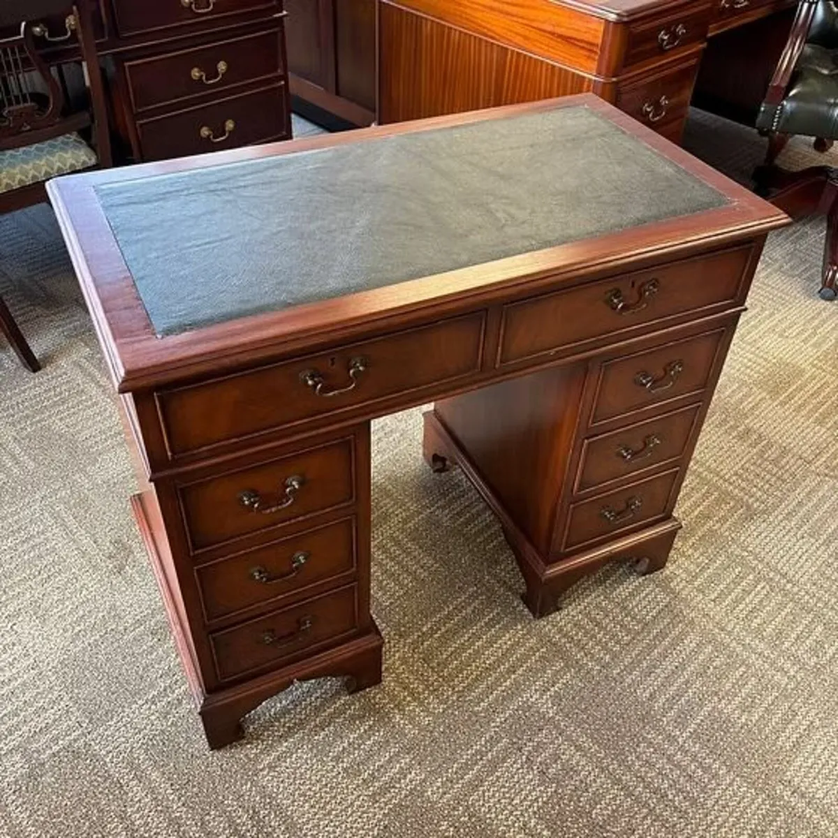 Mahogany green leather top twin pedestal writing d