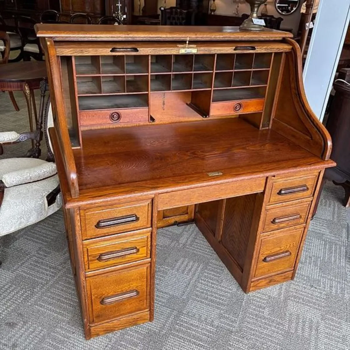 Beautiful oak tambour S shaped roller top desk