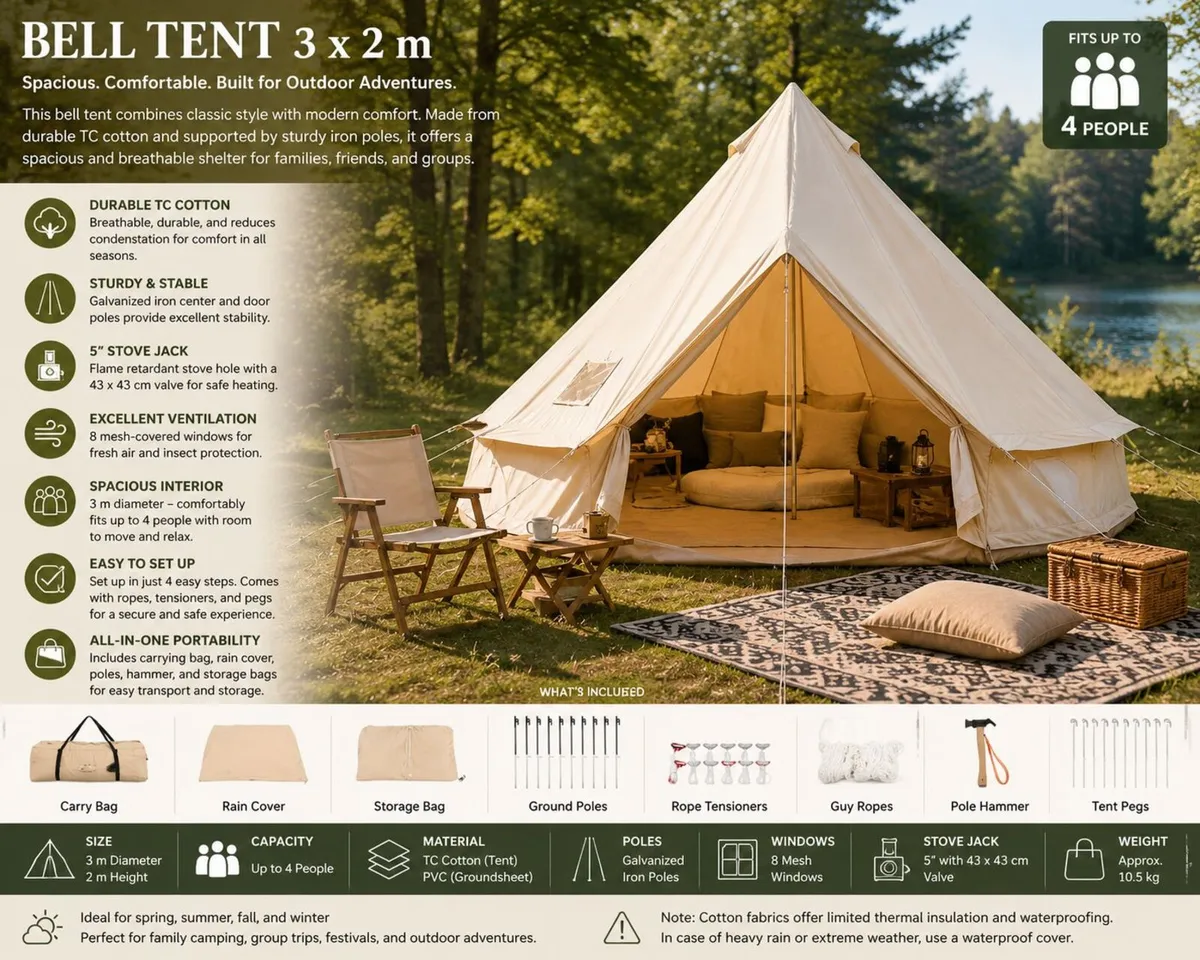 3m Bell Tent Yurt for 4 People Glamping Tent - Image 2