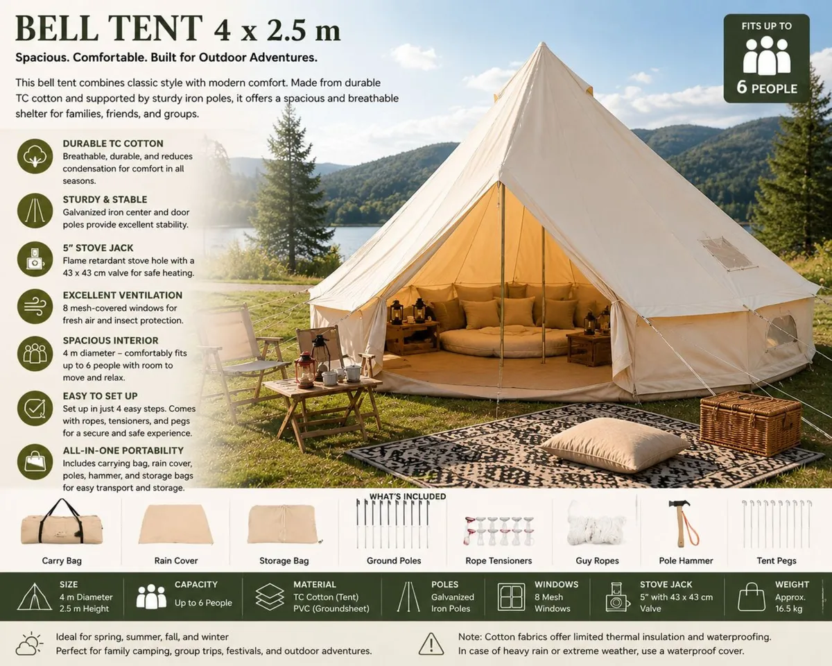 Glamping 4m Bell Tent Yurt for 6 People Camping Te - Image 1