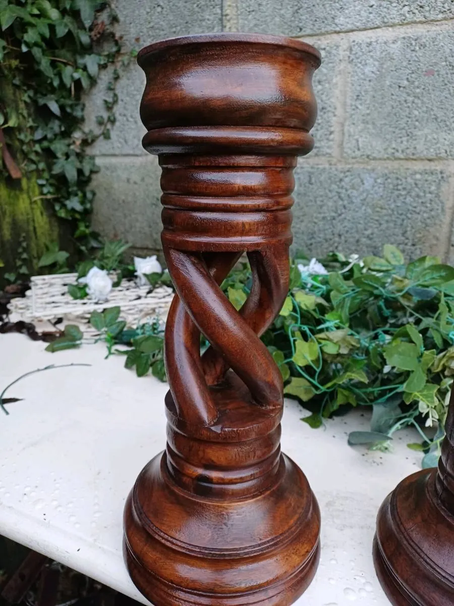 Large Antique Open Twist Handcarved Candlesticks - Image 3