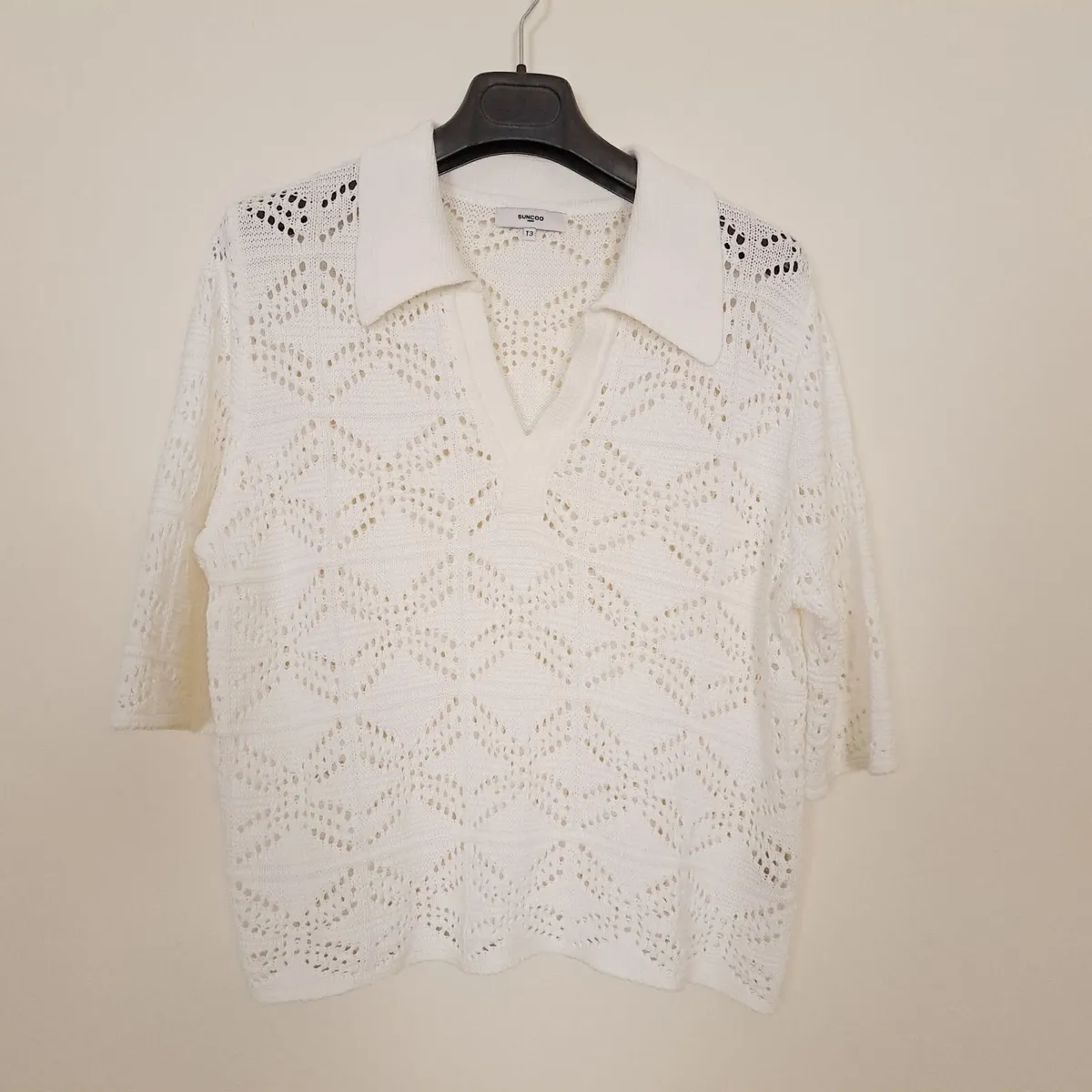 Suncoo White Crochet Knit Polo Top 12UK/40EU - Image 1