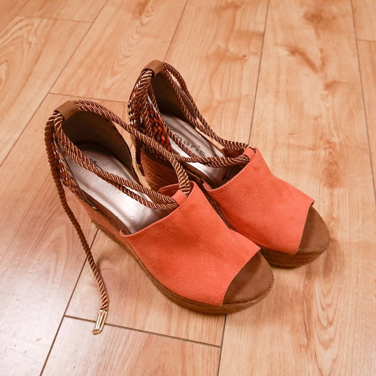 Tamaris Orange Suede Rope Tie Up Wedges 4UK - Image 1
