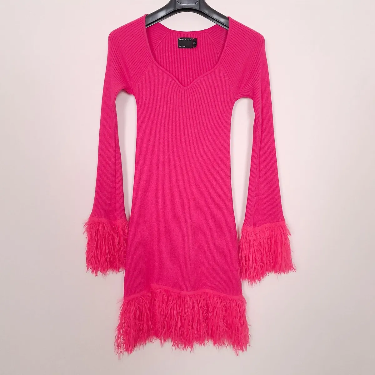 ASOS Pink Ribbed Knit Mini Dress Feather Trim 10UK - Image 1