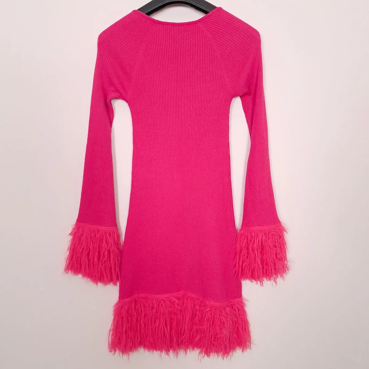 ASOS Pink Ribbed Knit Mini Dress Feather Trim 10UK - Image 4
