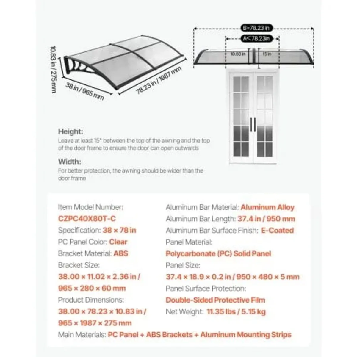 Awnings for Door Entrance, 38 x 78 in, Exterior Fr - Image 2
