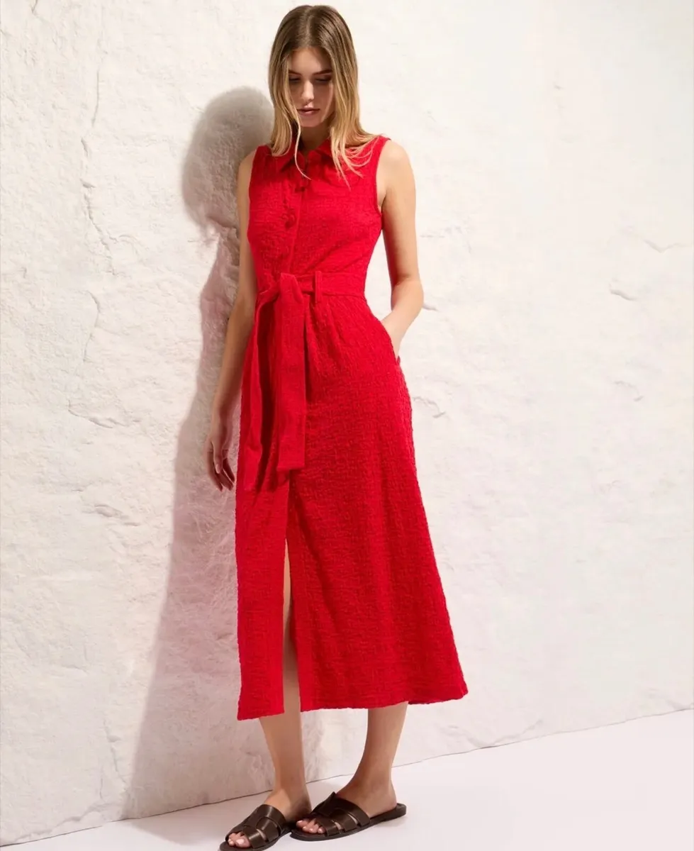 NEW Textured Sleeveless Belted Red Midi Dress