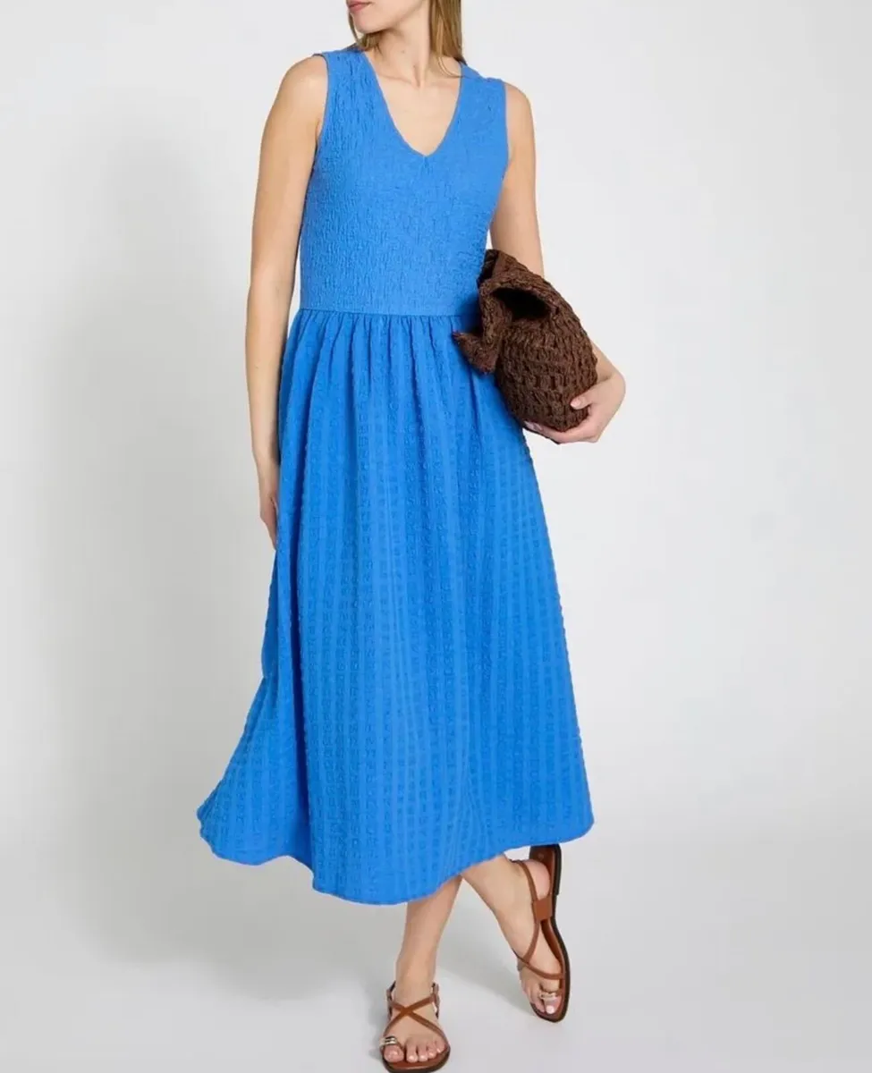NEW Blue Textured V Neck Dress: Size 14 - Image 1