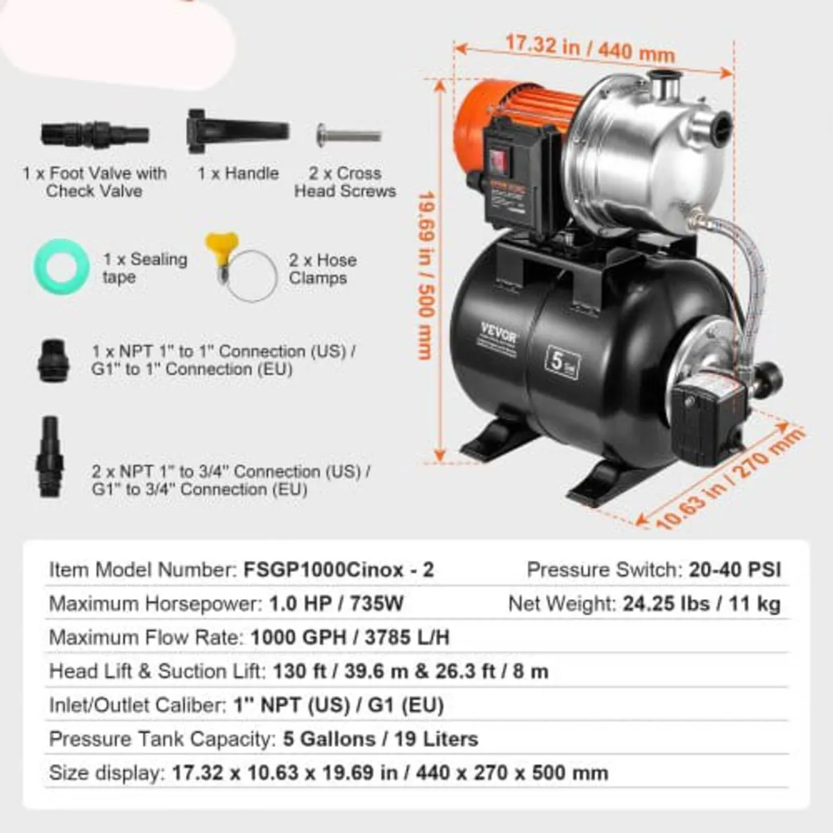 745 W(1 HP) Shallow Well Pump with Pressure Tank, - Image 3