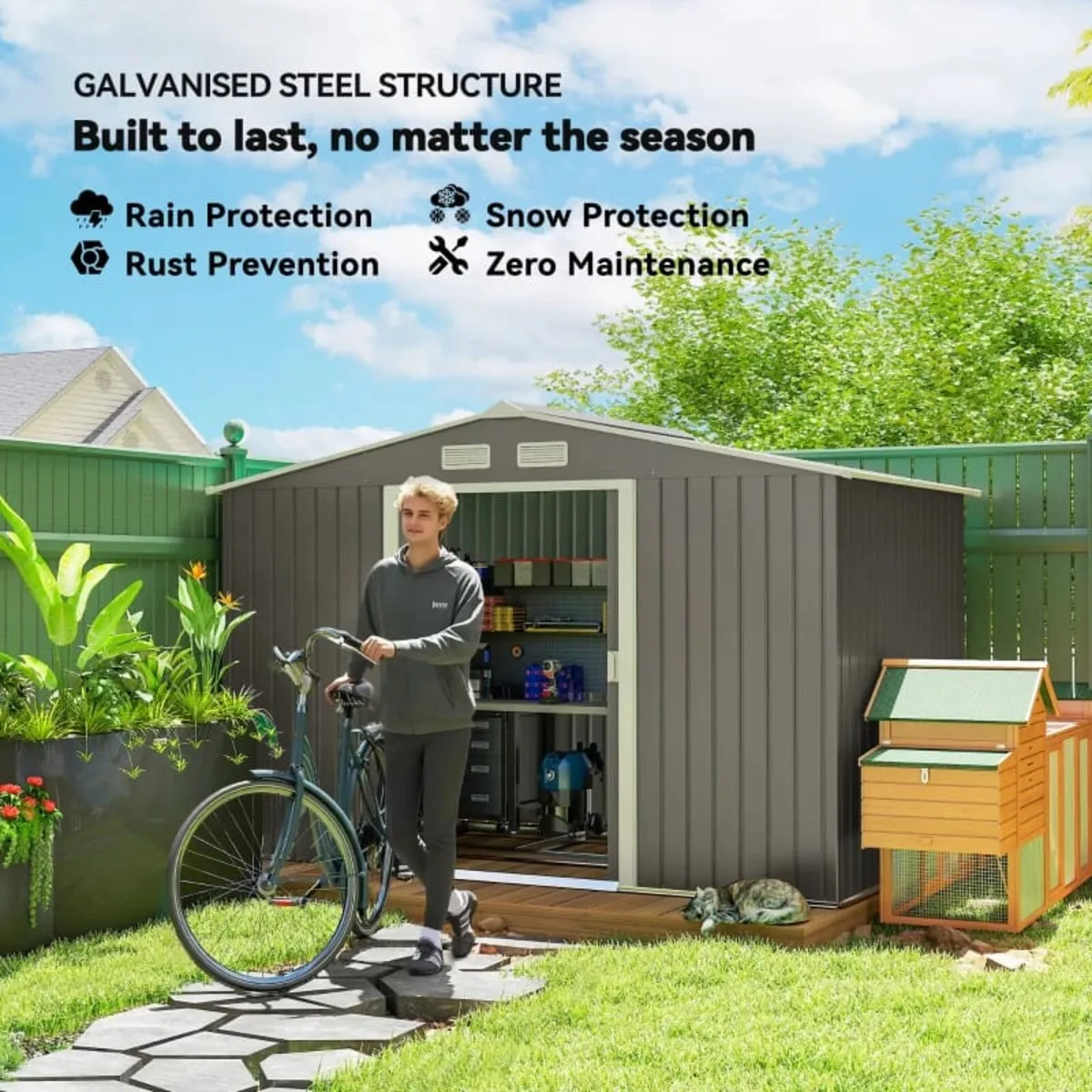 9 x 6FT Outdoor Garden Roofed Metal Storage Shed T - Image 2