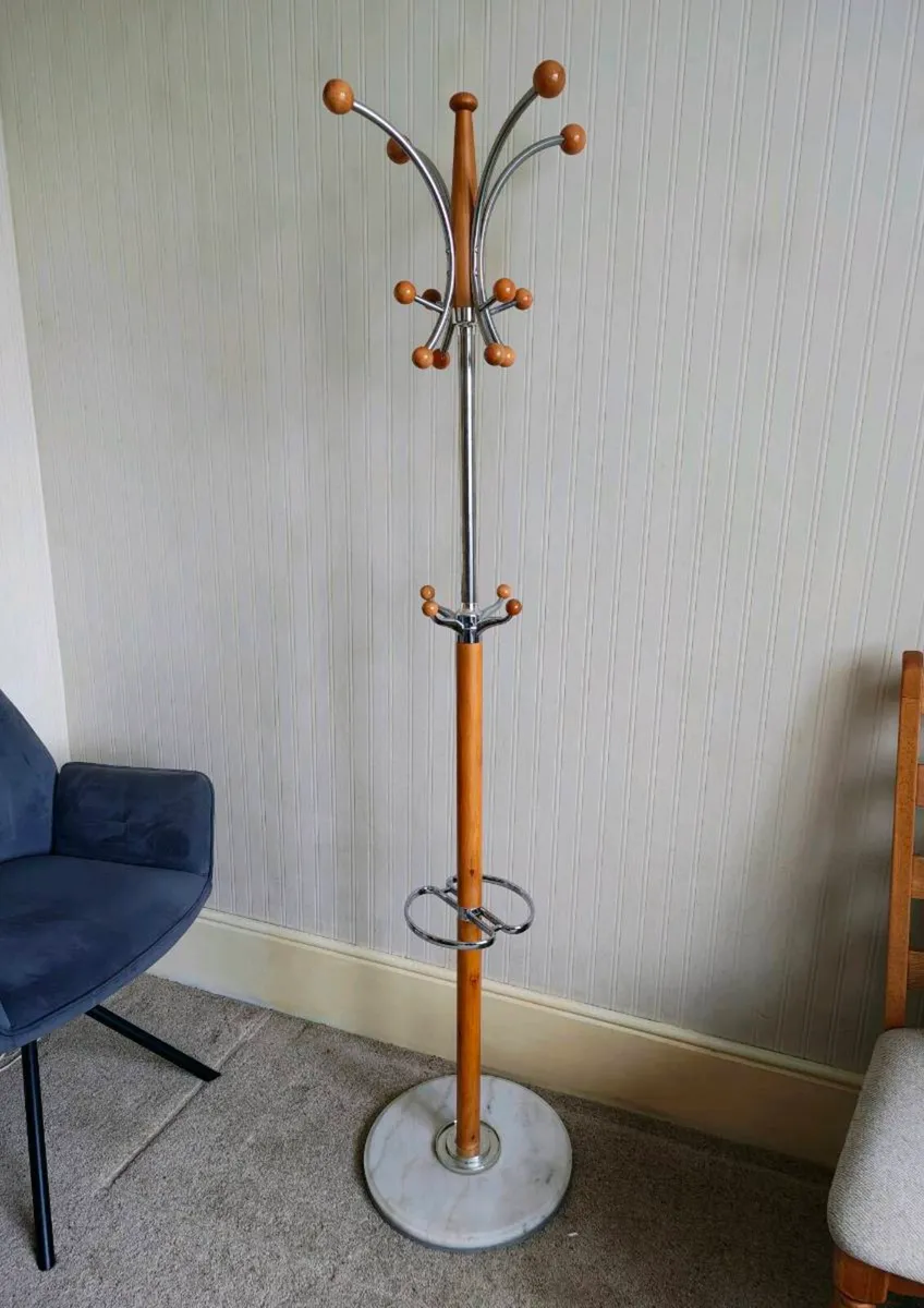Coat Stand – Wood, Chrome & Marble Base - Image 1