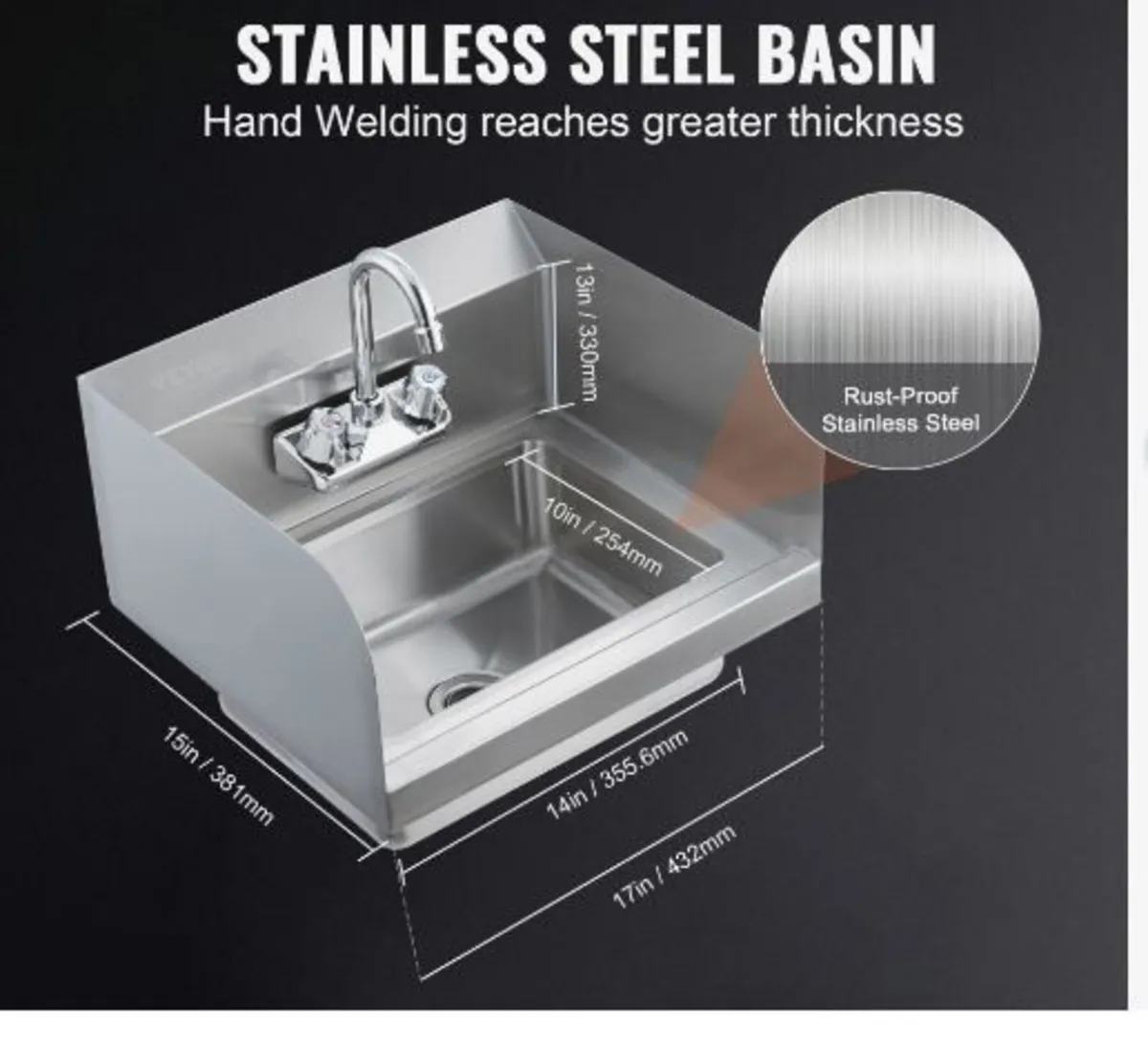 Commercial Hand Sink with Faucet and Side Splash - Image 3