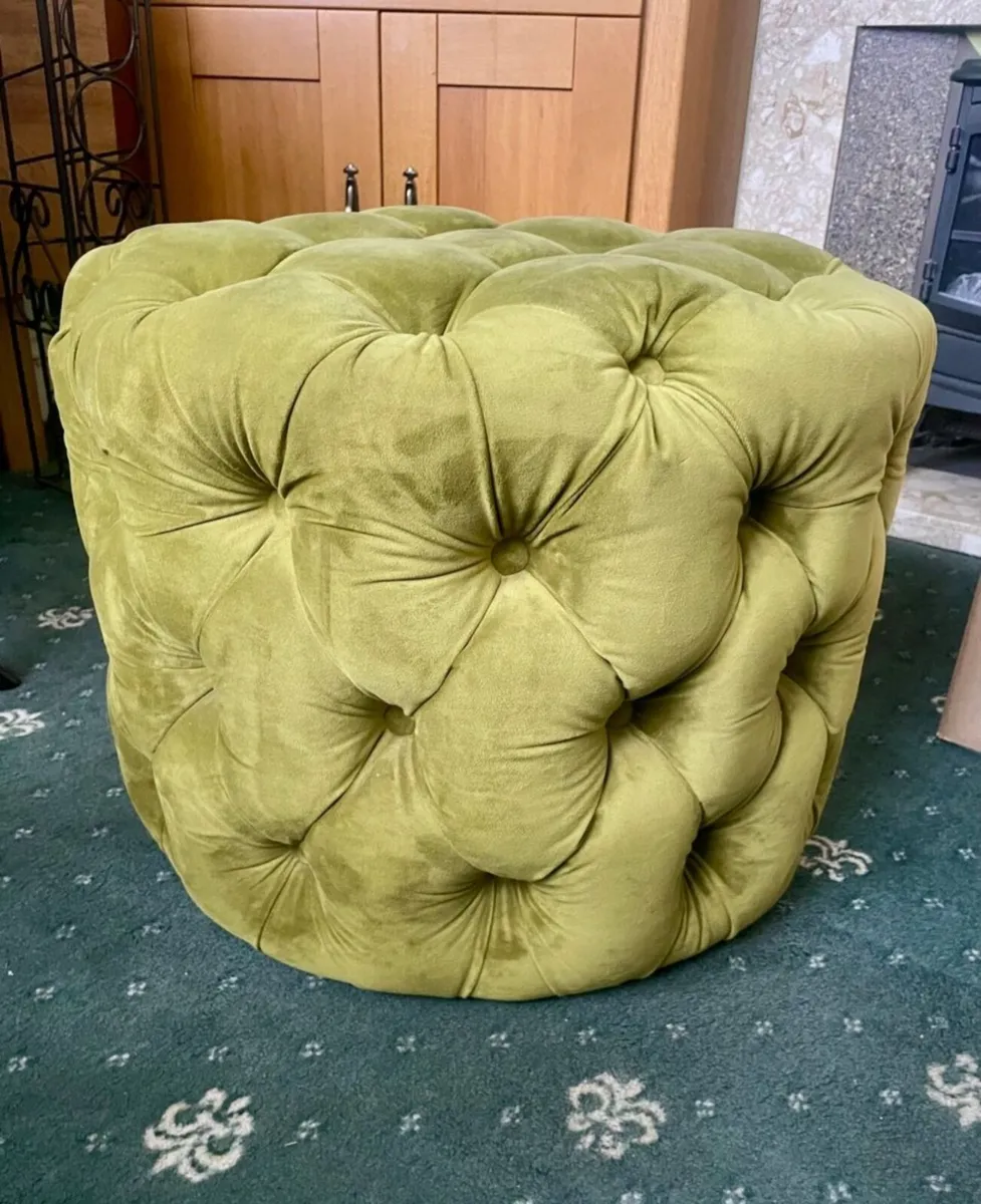 Velvet Buttoned Footstool / Ottoman – Olive Green - Image 1