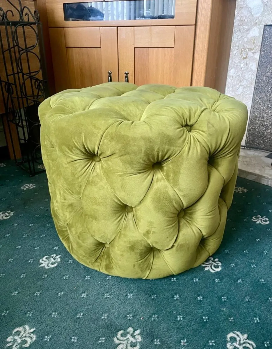 Velvet Buttoned Footstool / Ottoman – Olive Green - Image 2