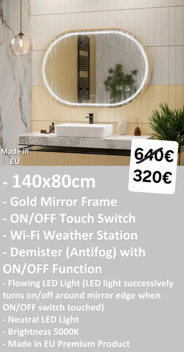 LED Bathroom Mirror Gold Frame Antifog Fog Free - Image 1