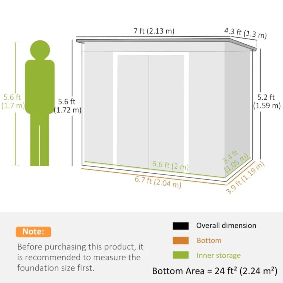 7 x 4ft Lean to Garden Metal Storage Shed w/ Found - Image 2