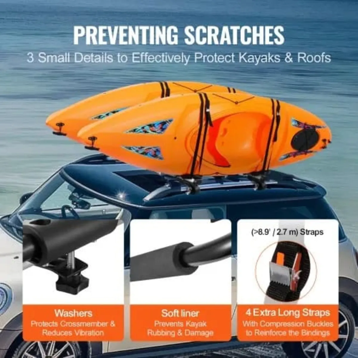 Kayak Roof Rack 2 Pairs J-Bar, Soft Roof Rack Quic - Image 3