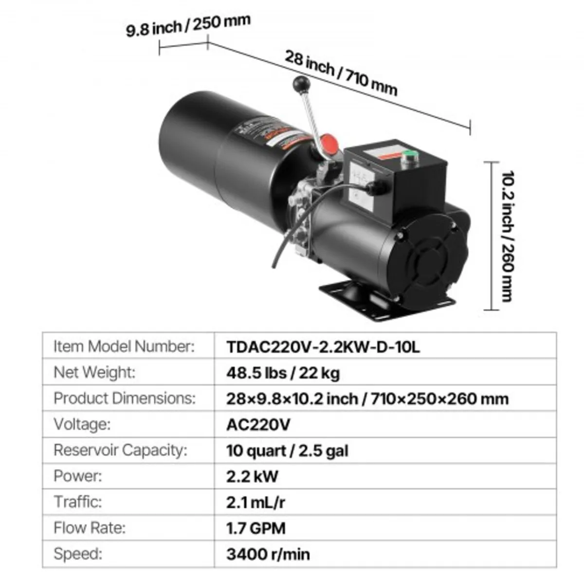 Hydraulic Pump Power Unit, AC 220V, 10 Quart Singl - Image 2