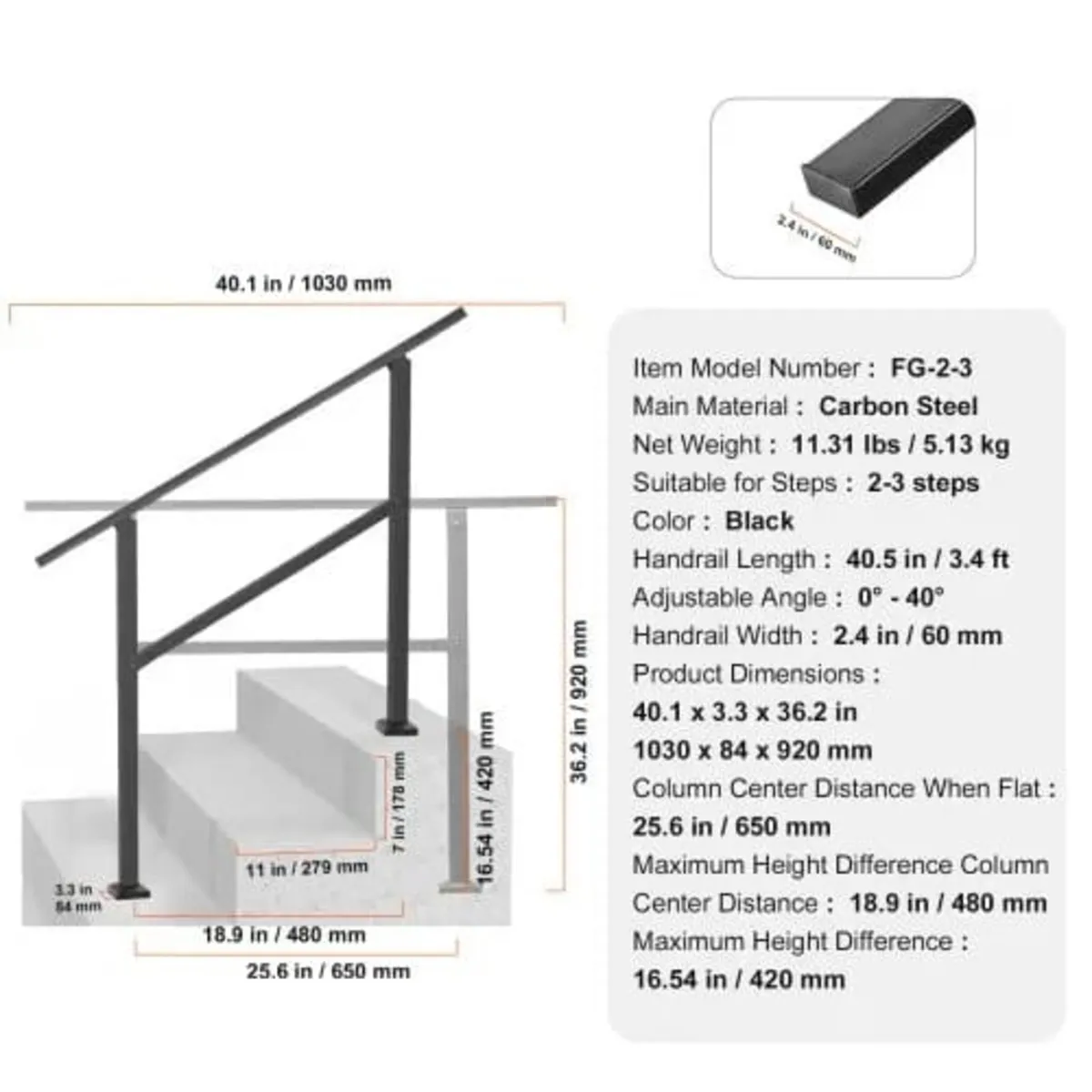 Outdoor Handrails for Steps, 2-3 Step Stair Rail K - Image 3