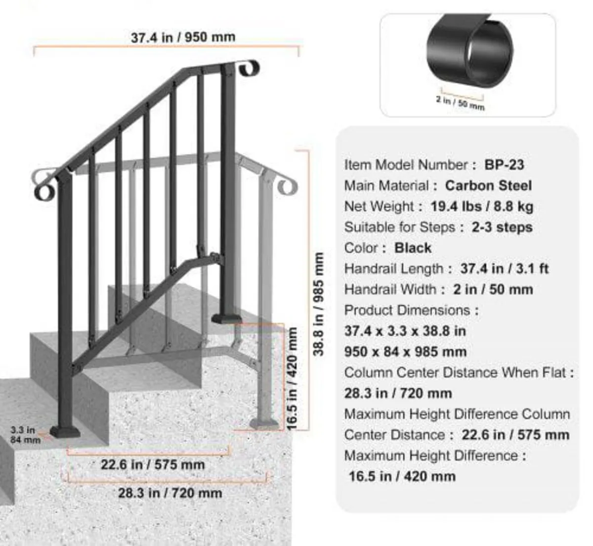 Outdoor Steps, 2-3 Step Stair Hand Rail Kit, Trans - Image 3